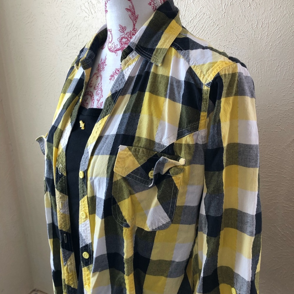 Cato Split Neck Button Down Plaid Shirt L Black - Picture 3 of 8